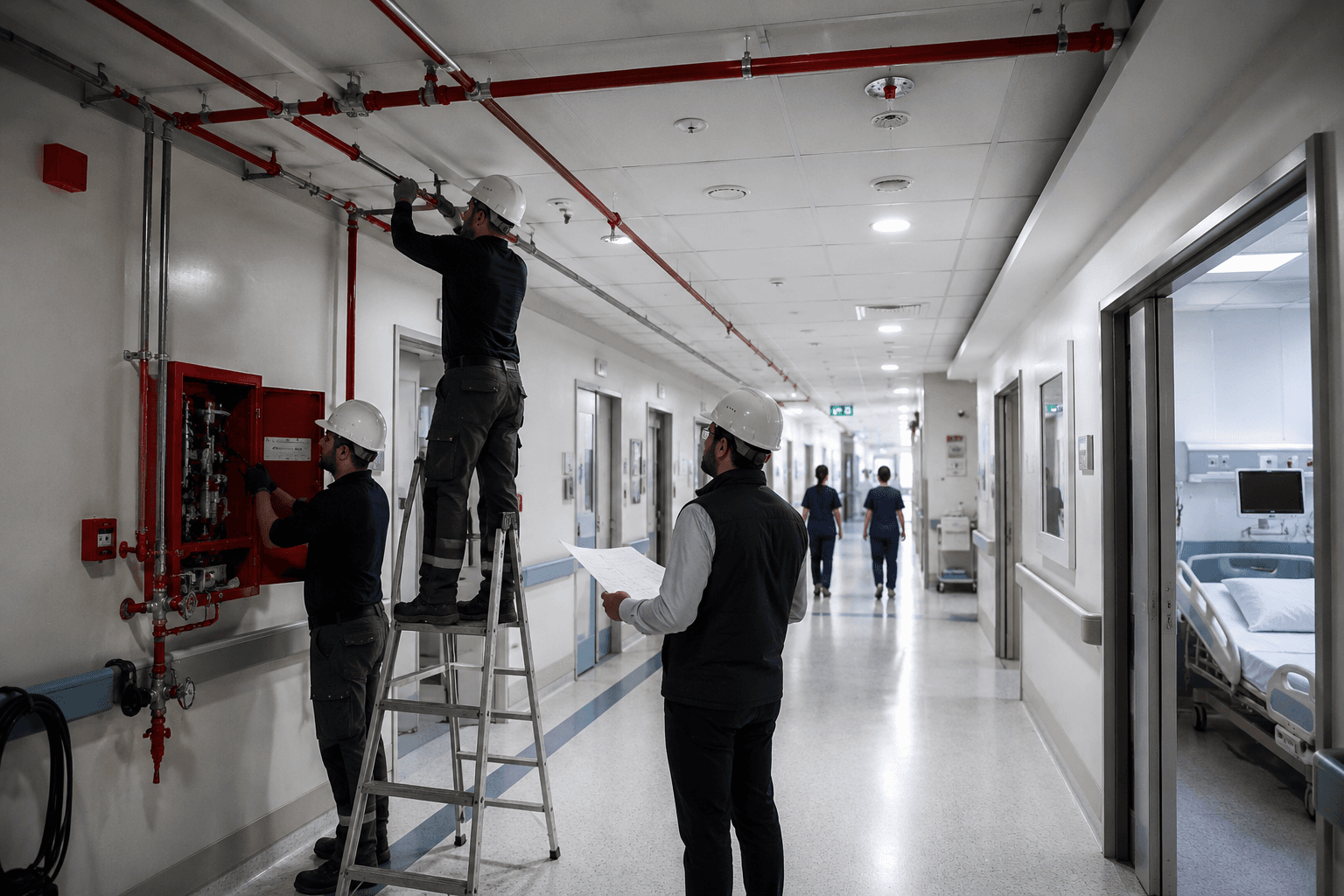 Hastane yangın güvenliği — kritik yapı life safety sistemi ve sprinkler mühendisliği