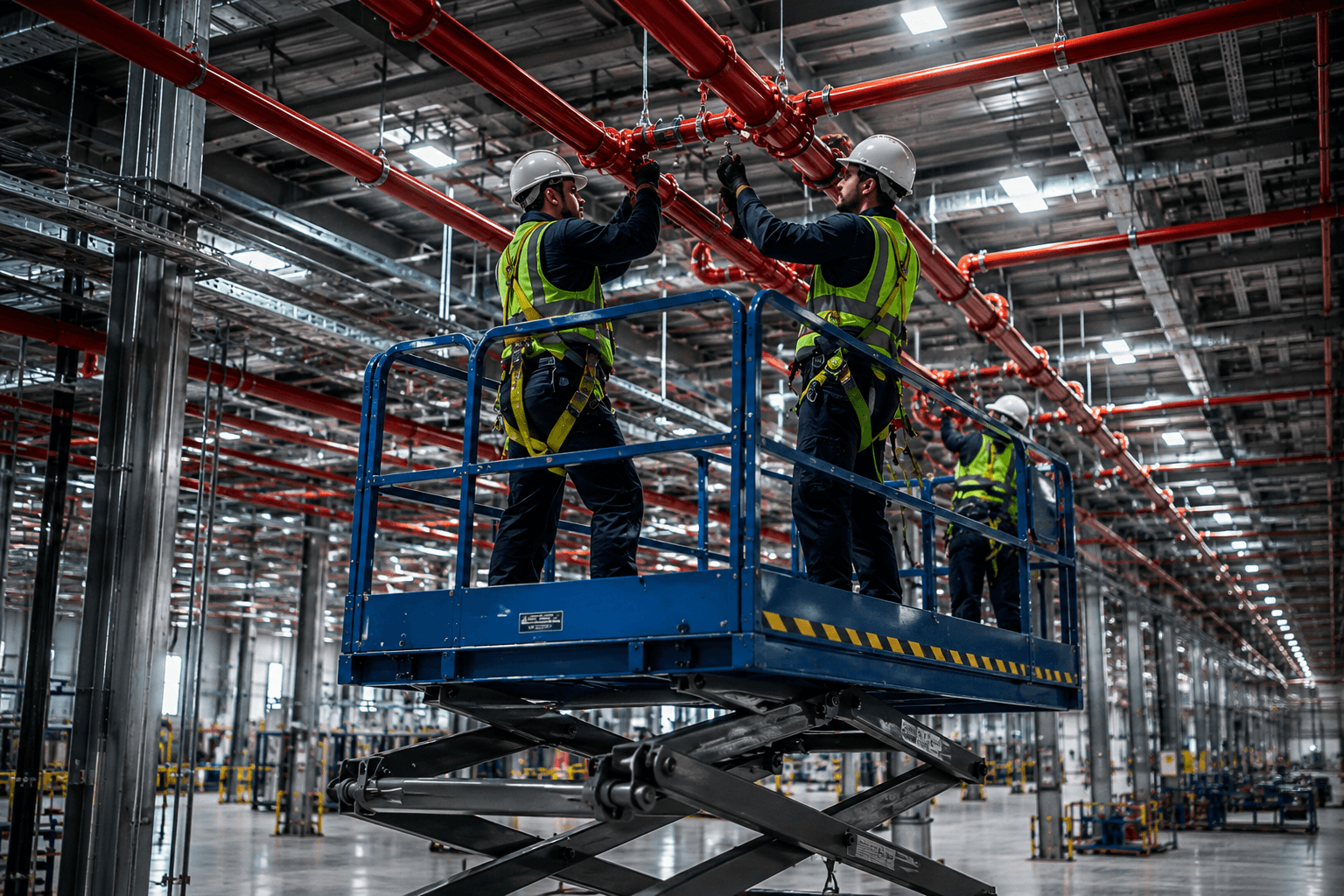 Enerjiplus sprinkler sistemi montaj ekibi — endüstriyel tesis yangın söndürme uygulaması