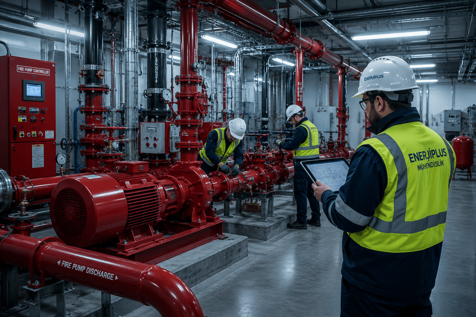 Enerjiplus yangın pompası pompa dairesi — mühendislik ve montaj ekibi teknik çalışması