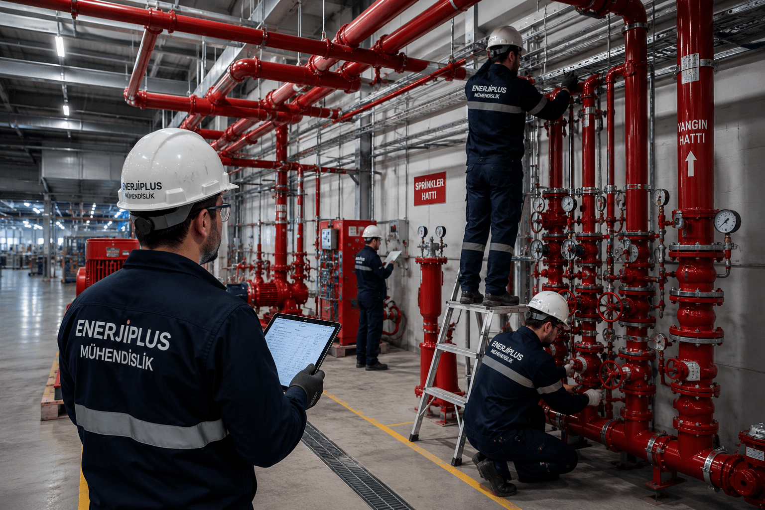 Enerjiplus sahada yangın tesisatı devreye alma ve baskı testleri — teknik mühendislik